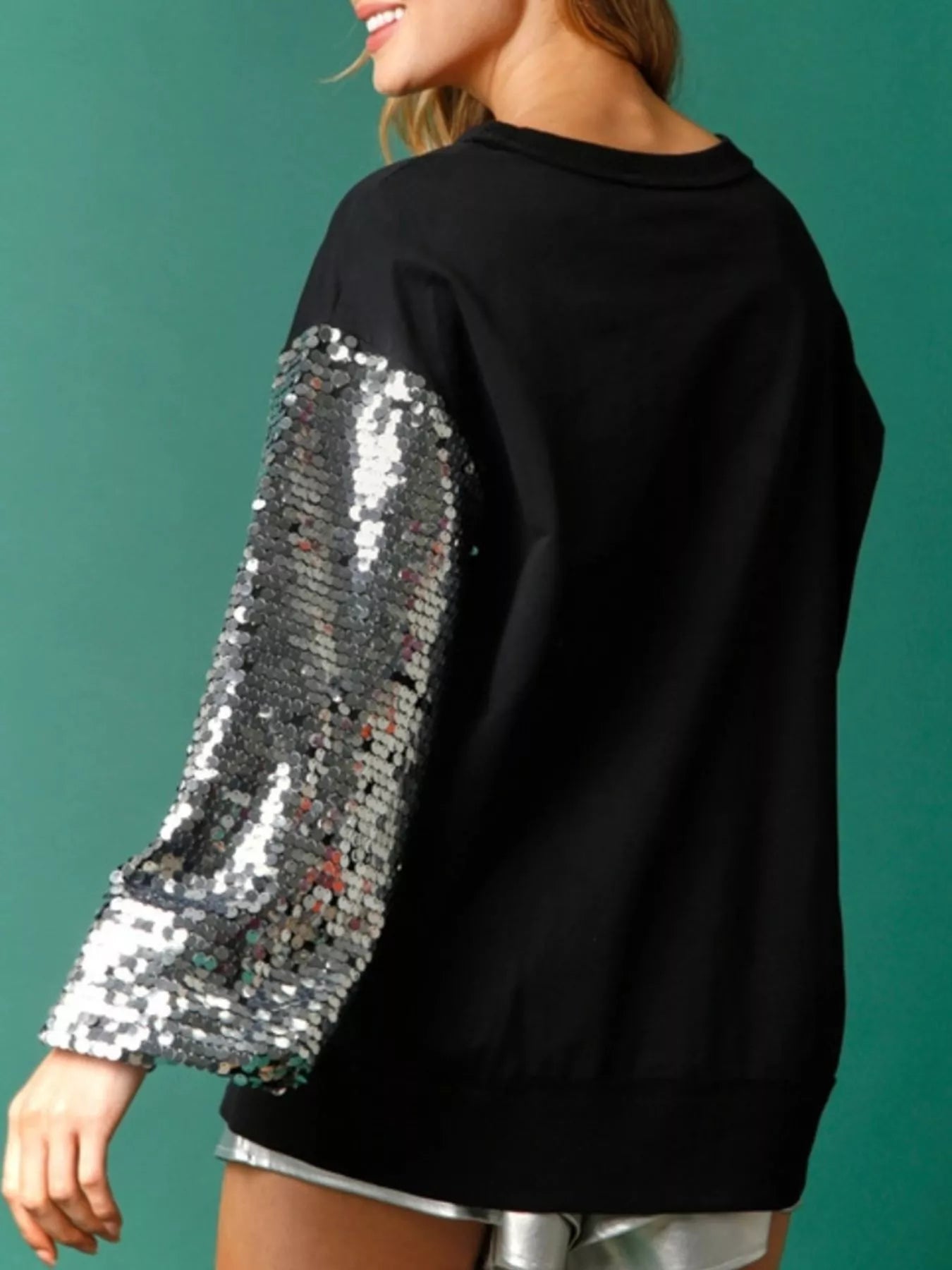 Sequin Long Sleeve Round Neck Sweatshirt OutfitFlow