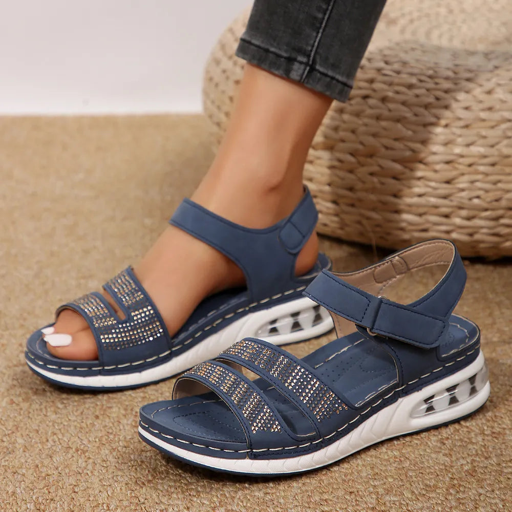 Open Toe Inlaid Rhinestone Wedge Sandals Dusty Blue OutfitFlow