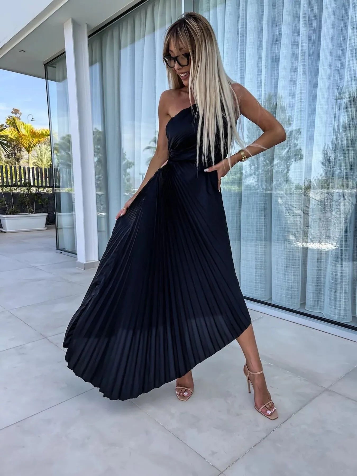 Full Size Single Shoulder Pleated Midi Dress Plus Size OutfitFlow