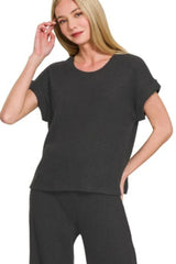 Zenana Rolled Sleeve Top and Pants Sweater Set OutfitFlow