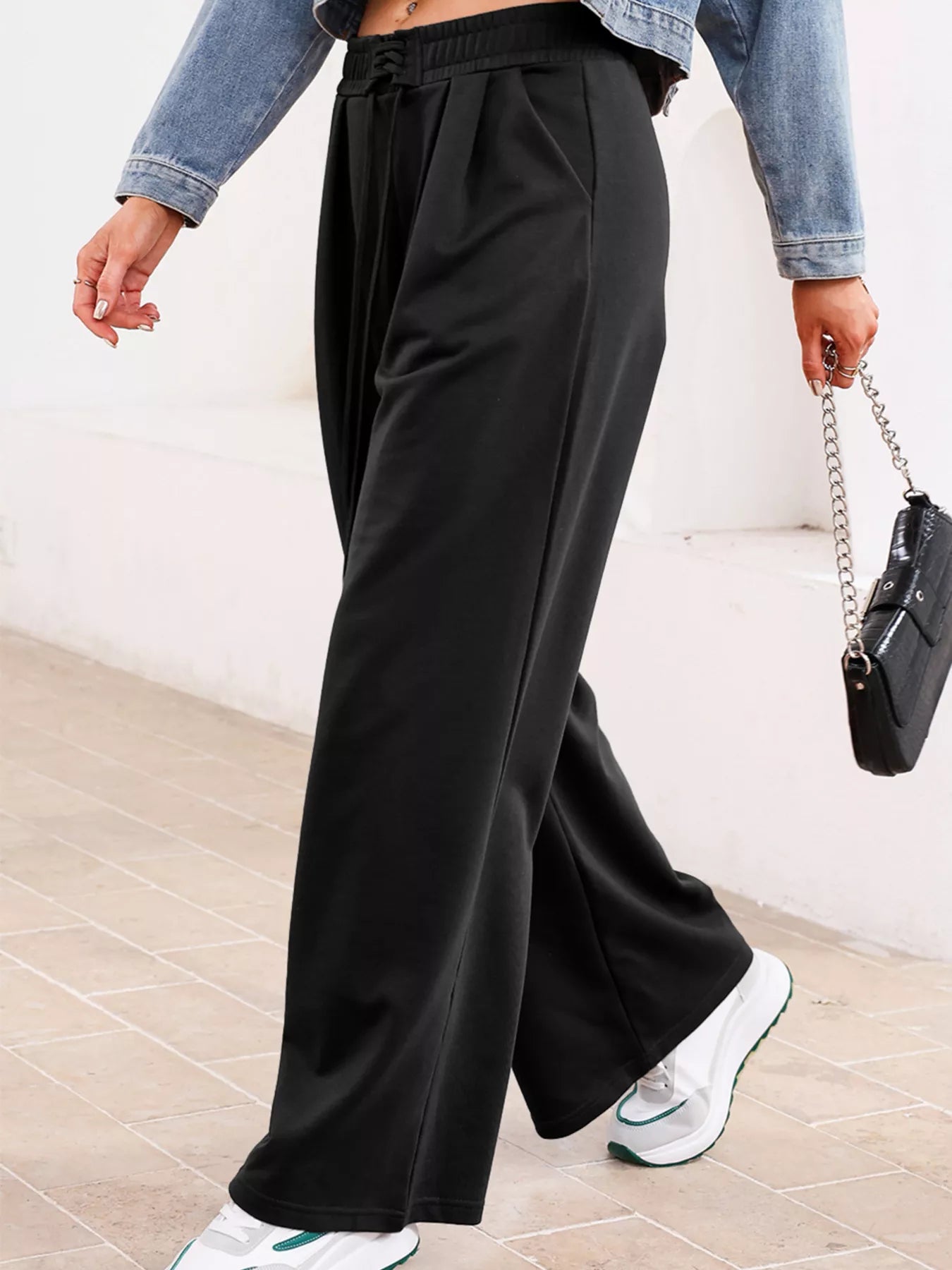 Tied Elastic High Waist Pleated Detail Solid Sweatpants OutfitFlow