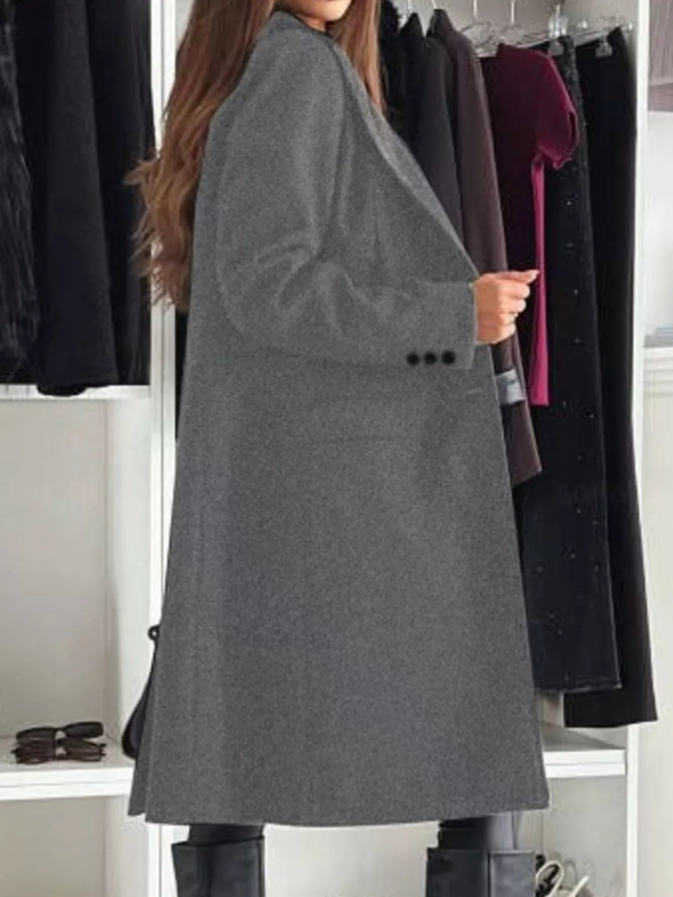 Lapel Collar Long Sleeve Coat OutfitFlow