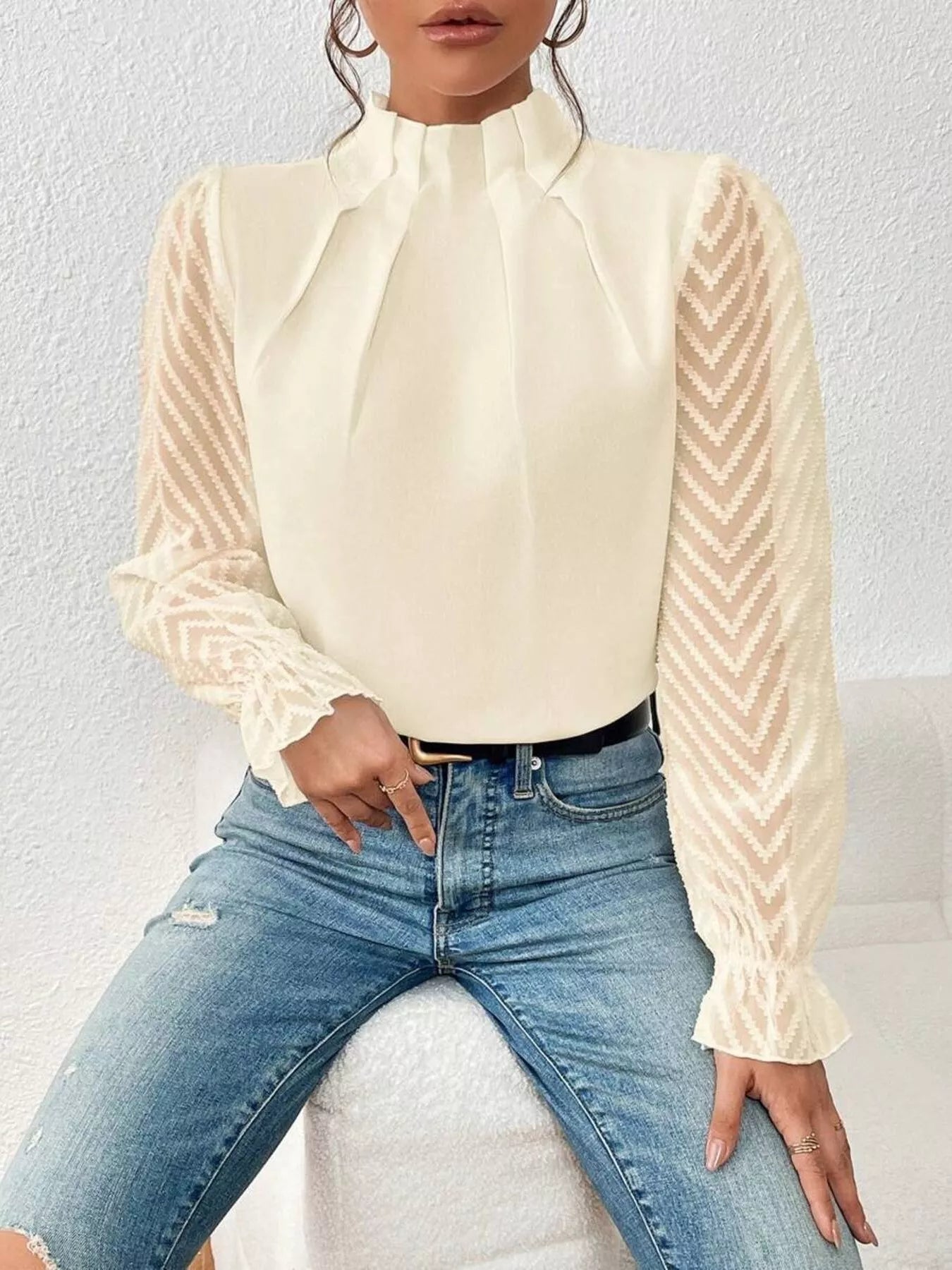 Mock Neck Sheer Lace Sleeve Blouse OutfitFlow