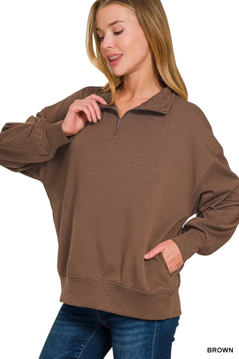 Zenana Scuba Quarter-Zip Sweatshirt OutfitFlow