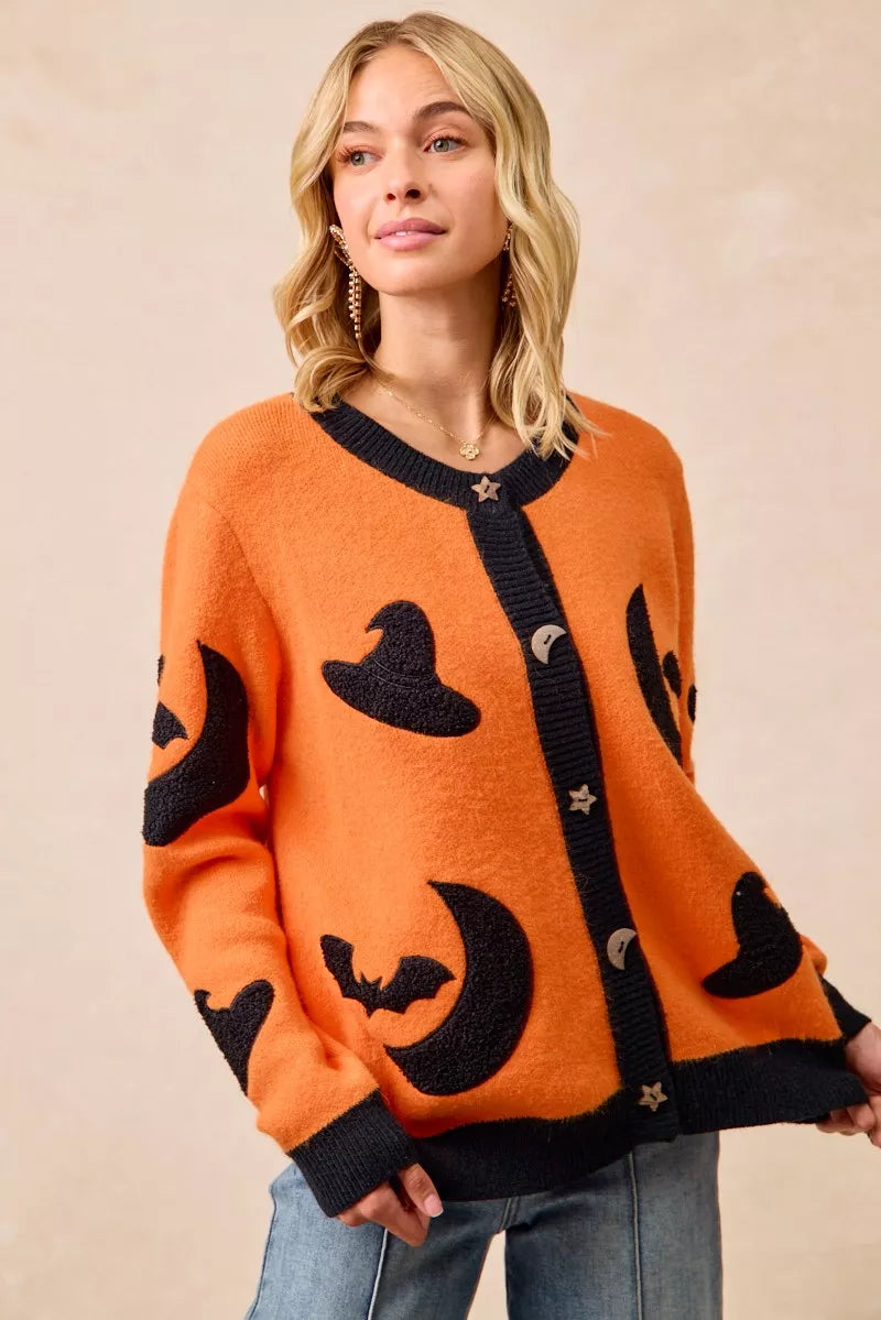BiBi Halloween Witch Hat Moon Bat Artwork Cardigan Trendsi