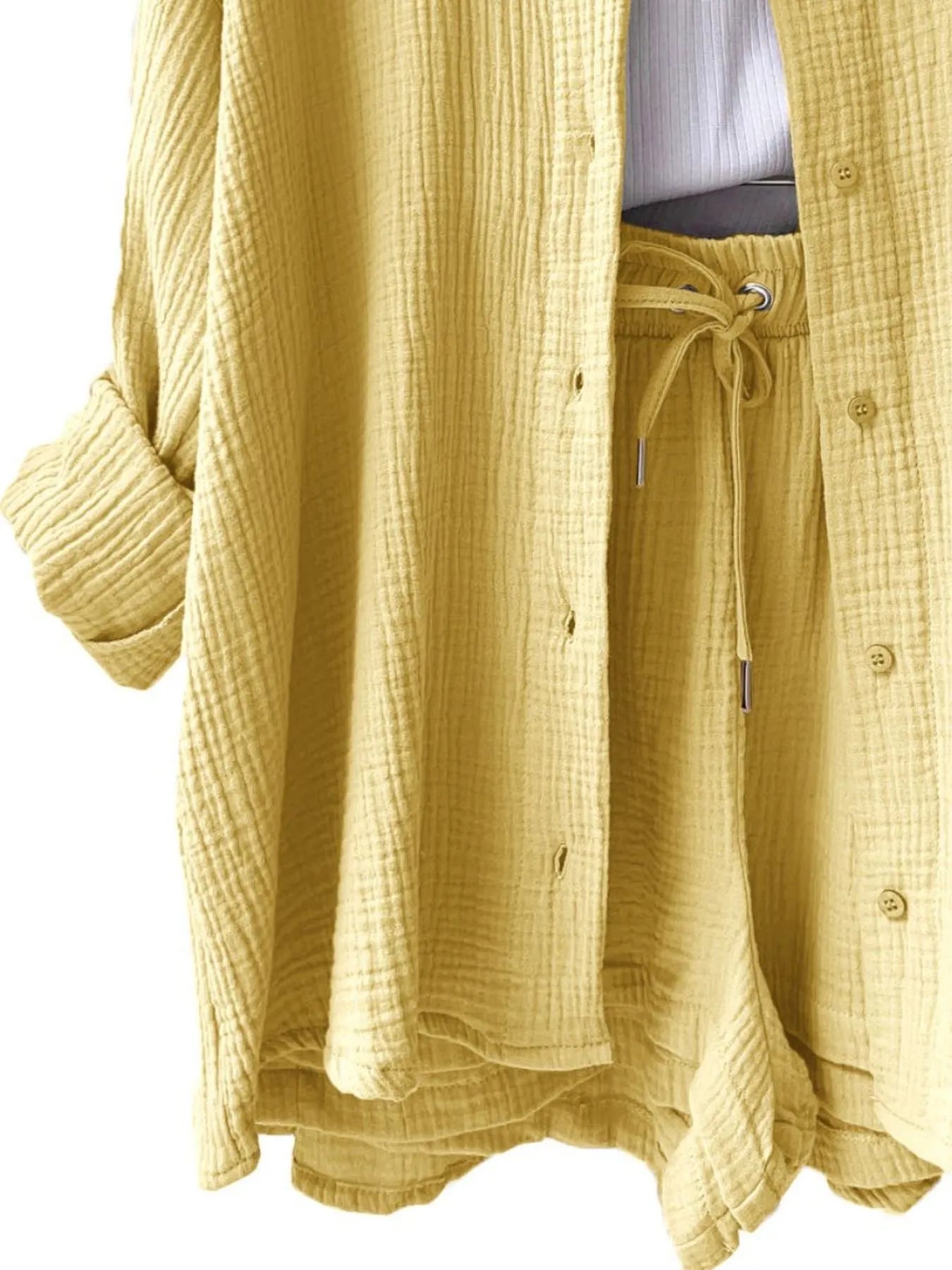 Textured Button Up Shirt and Shorts Set OutfitFlow