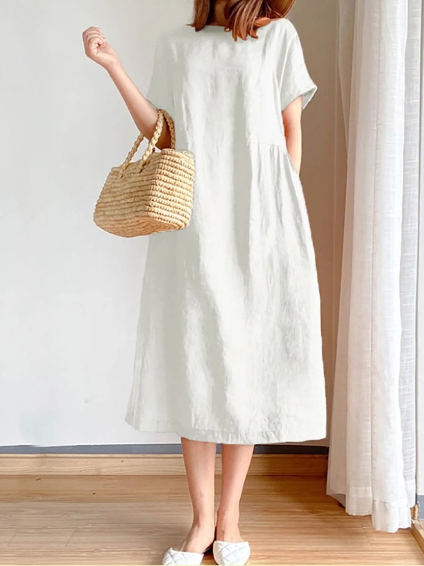 Full Size Casual Round Neck Midi Dress Plus Size White OutfitFlow