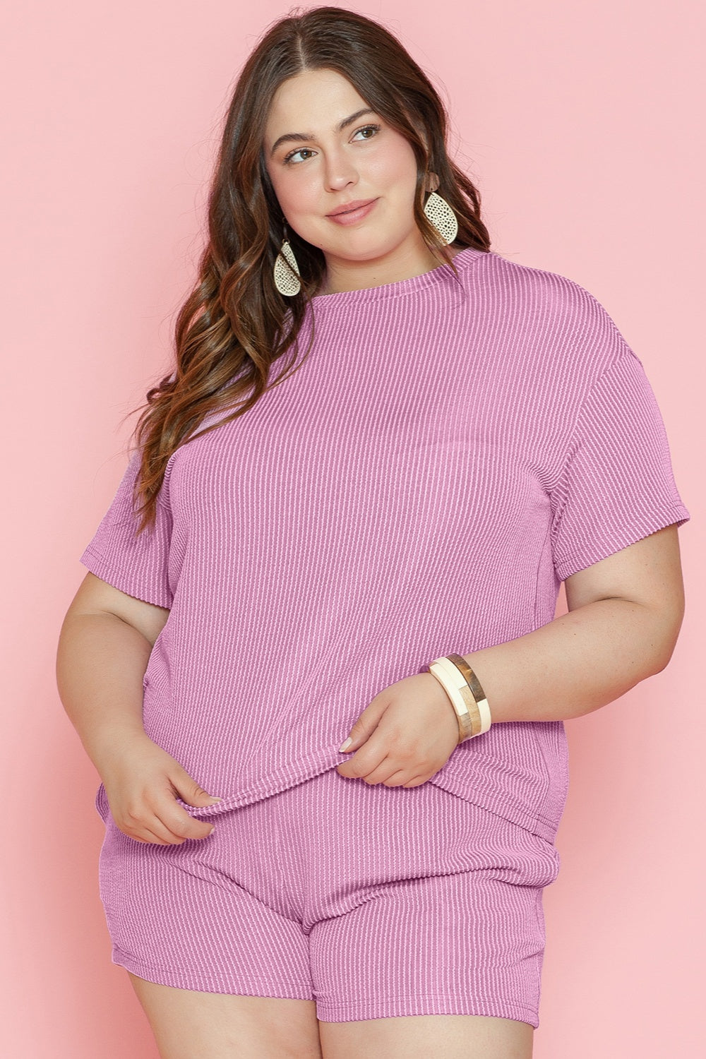 Outfit Flow - Plus Size Round Neck Short Sleeve Top and Shorts Set