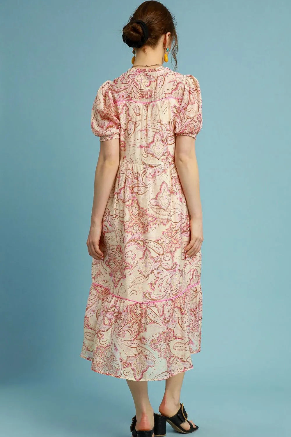 Umgee Full Size Printed Puff Short Sleeve Midi Dress Plus Size OutfitFlow
