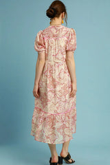 Umgee Full Size Printed Puff Short Sleeve Midi Dress Plus Size OutfitFlow