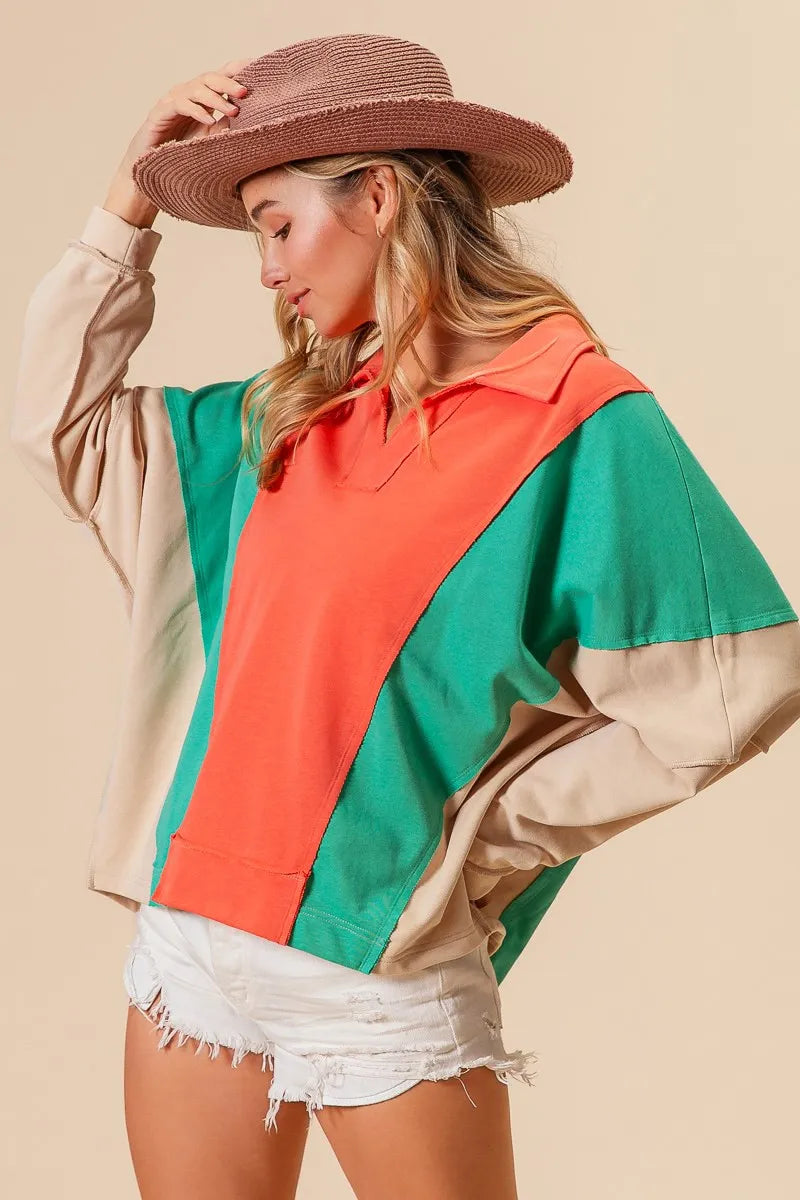 BiBi Colorblock Exposed Seam French Terry Sweatshirt OutfitFlow
