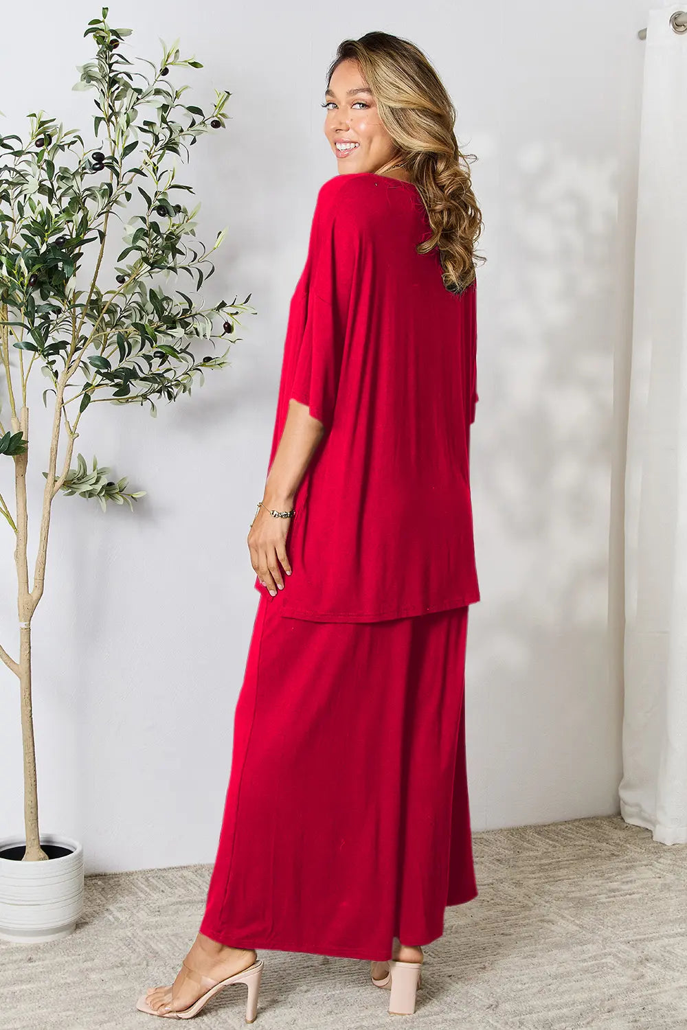 Double Take Full Size Round Neck Slit Top and Pants Set OutfitFlow