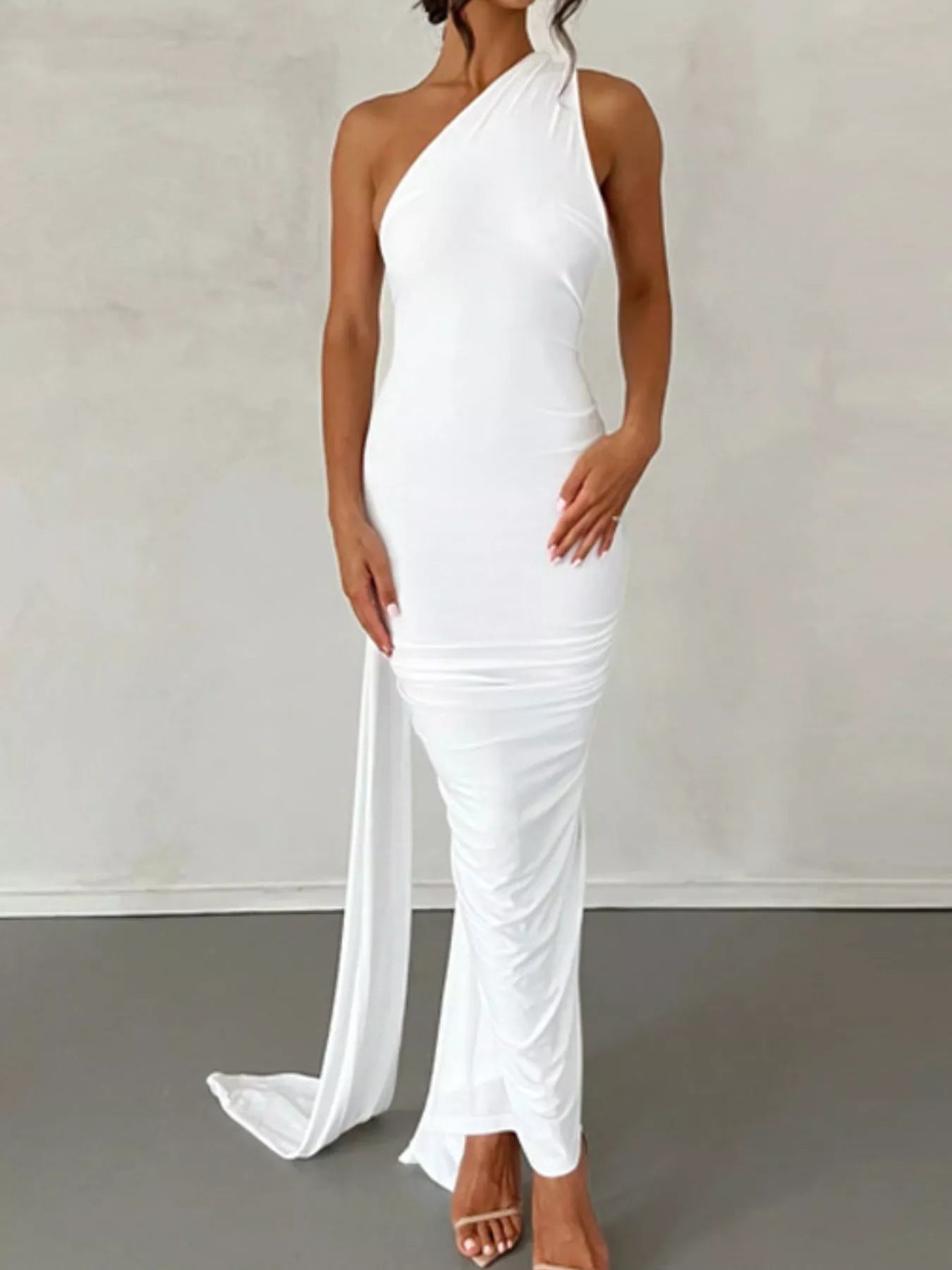 Backless One-Shoulder Ruched Bodycon Maxi Dress White OutfitFlow