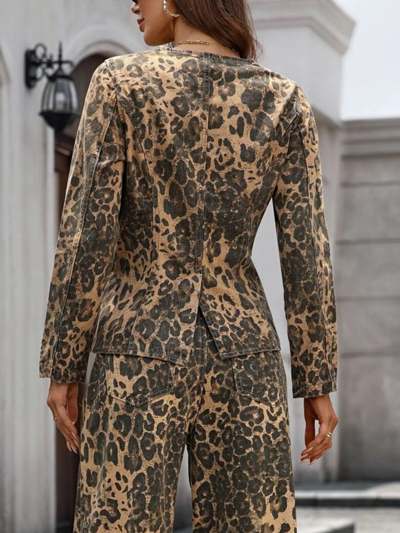 Leopard Button Up Long Sleeve Denim Shirt OutfitFlow