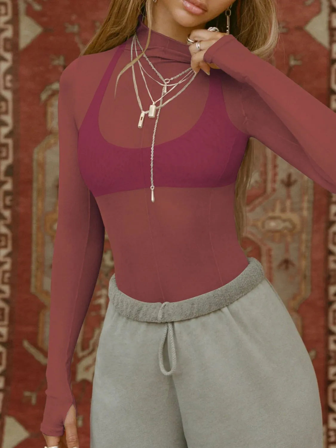 Mock Neck Long Sleeve Sheer Top OutfitFlow