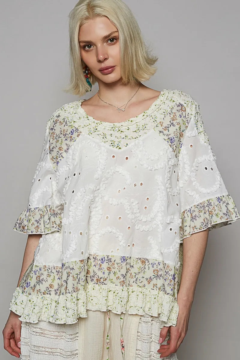 POL Floral Print Eyelet Ruffled Hem Blouse White OutfitFlow