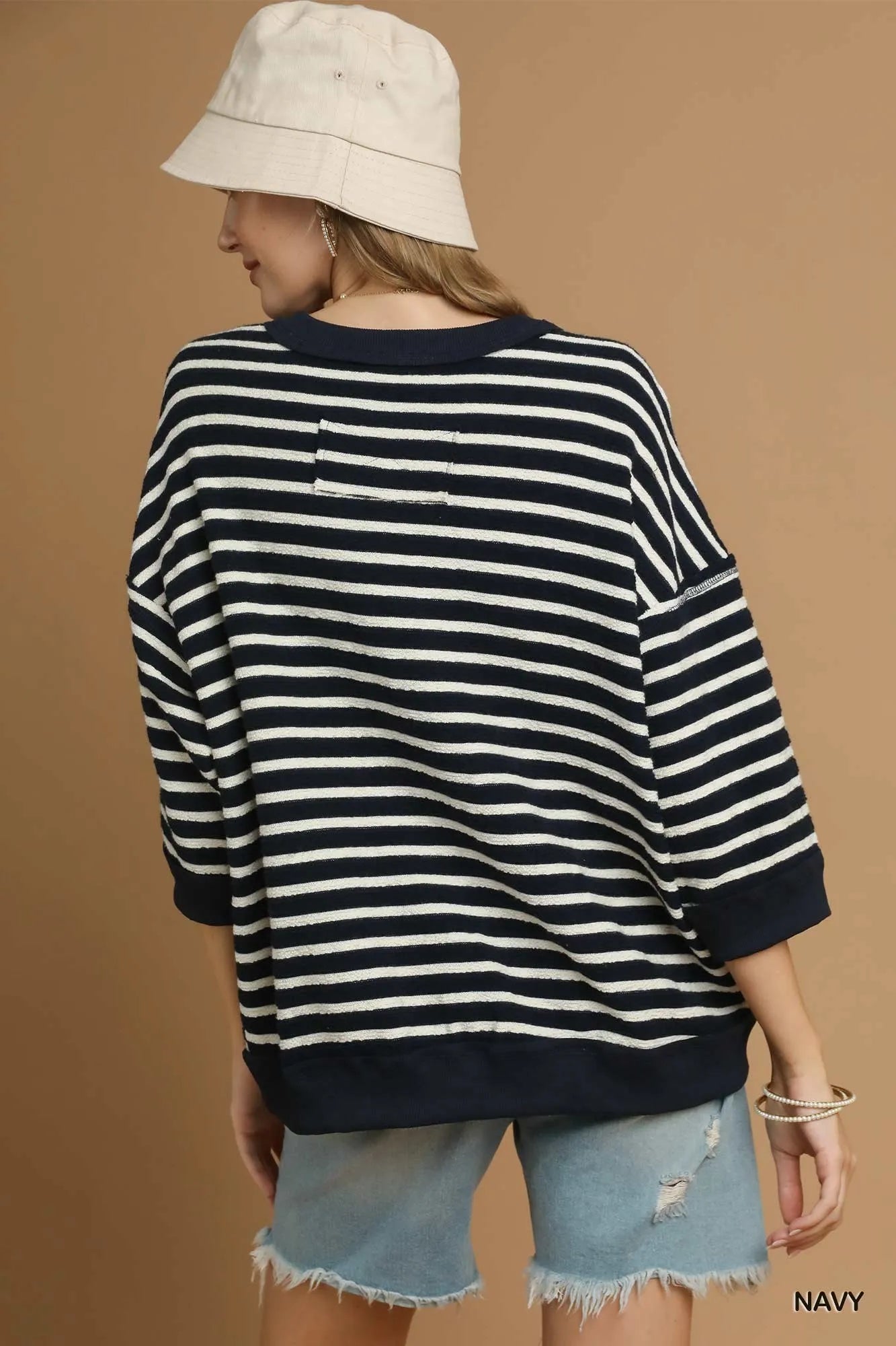 Umgee Ribbed Hem Striped Oversized Knit Top OutfitFlow