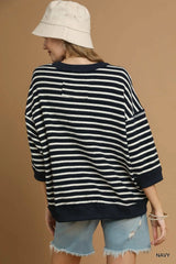 Umgee Ribbed Hem Striped Oversized Knit Top OutfitFlow