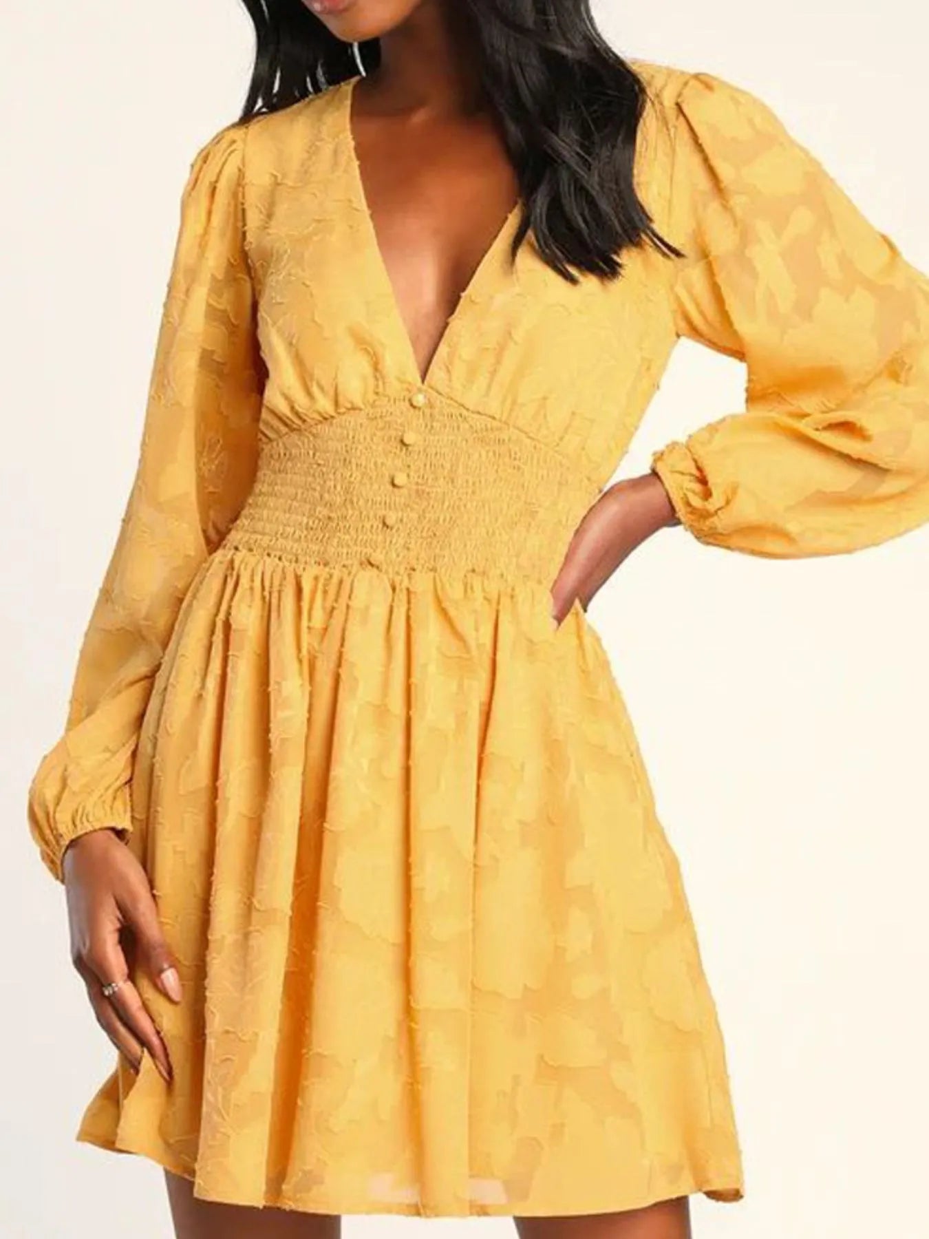 Smocked V-Neck Balloon Sleeve Dress Orange OutfitFlow