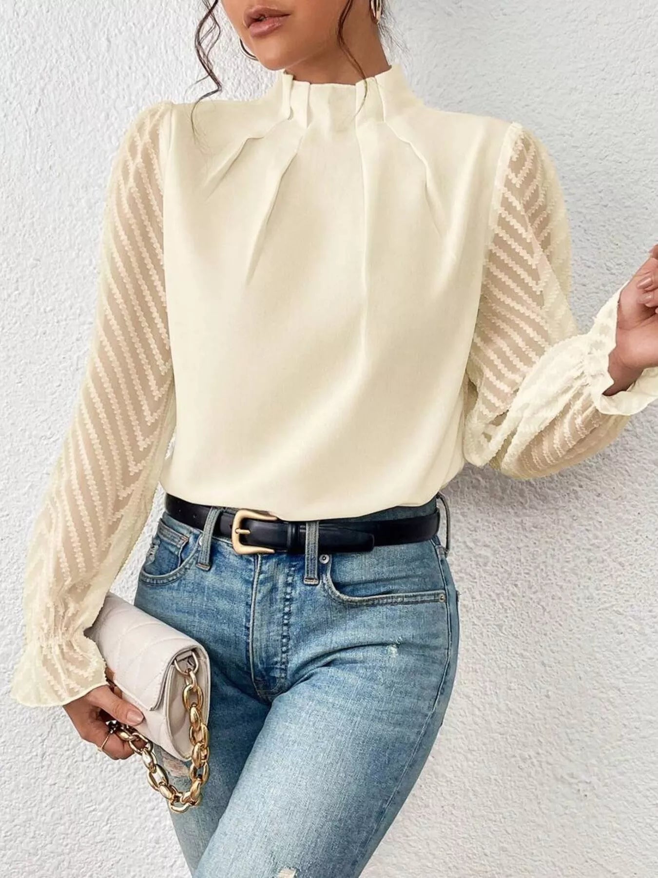 Mock Neck Sheer Lace Sleeve Blouse OutfitFlow