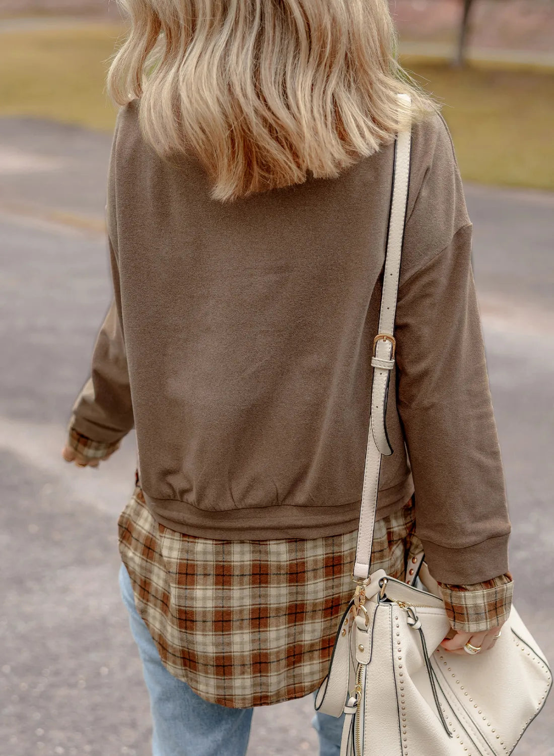 Drawstring Plaid Turtleneck Long Sleeve Top