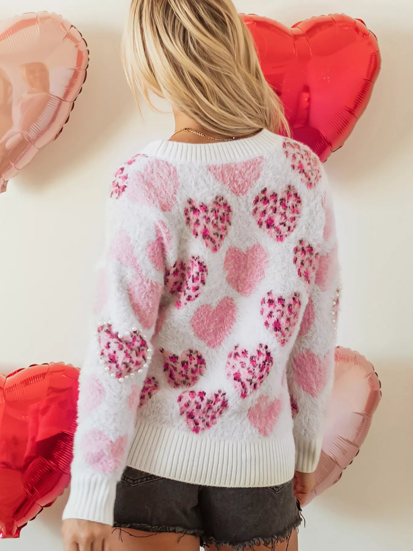 Heart Leopard Pearled Ribbed Trim Fuzzy Sweater OutfitFlow