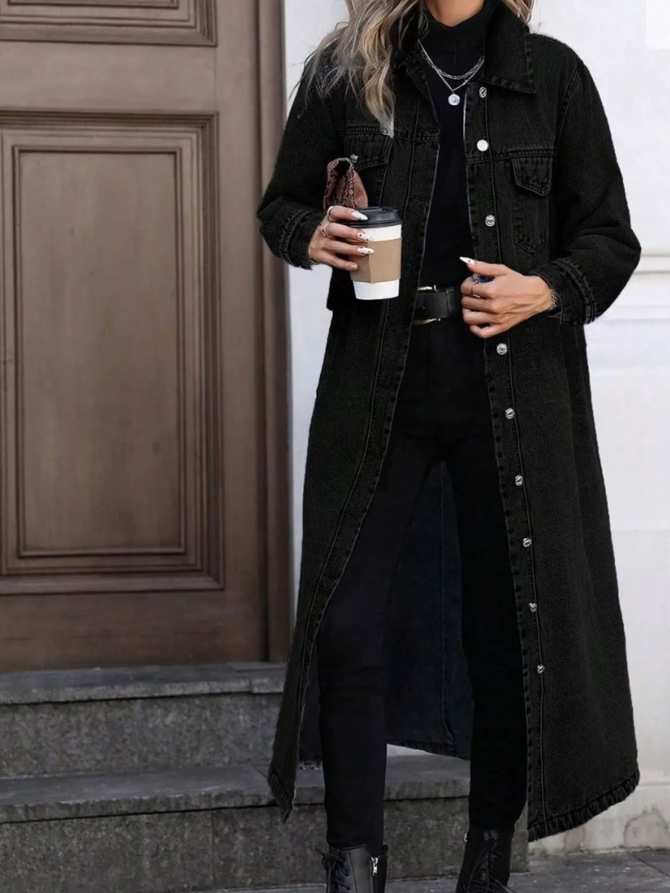 Longline Button-Front Denim Jacket Black OutfitFlow