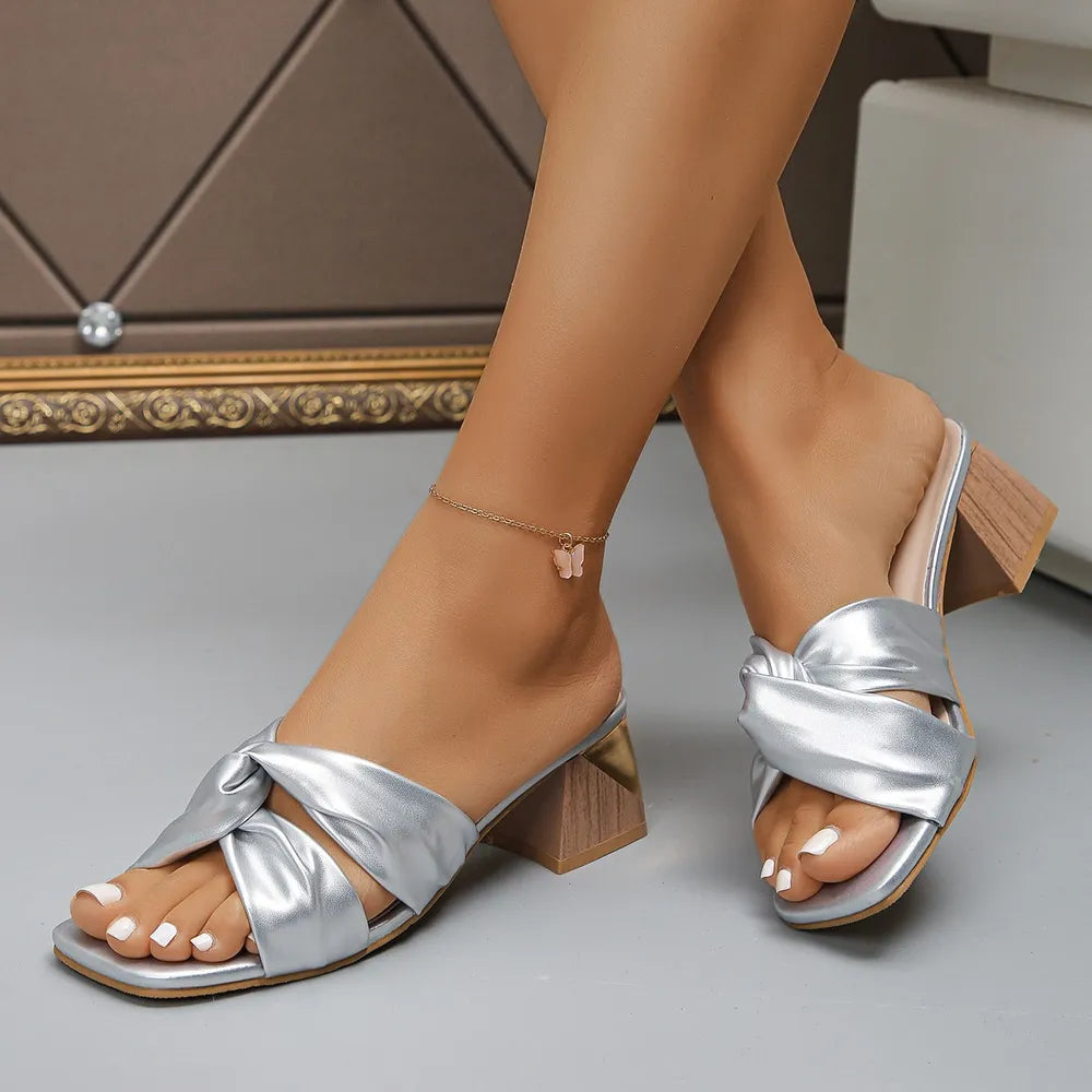 Open Toe Block Heels Sandals Silver OutfitFlow