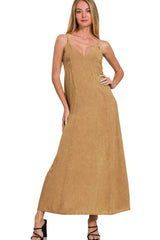 Zenana Mineral Washed Rayon Challis Cami Dress DEEP CAMEL OutfitFlow