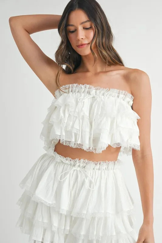 MABLE Ruffle Layered Crop Top and Mini Skirt Set OutfitFlow