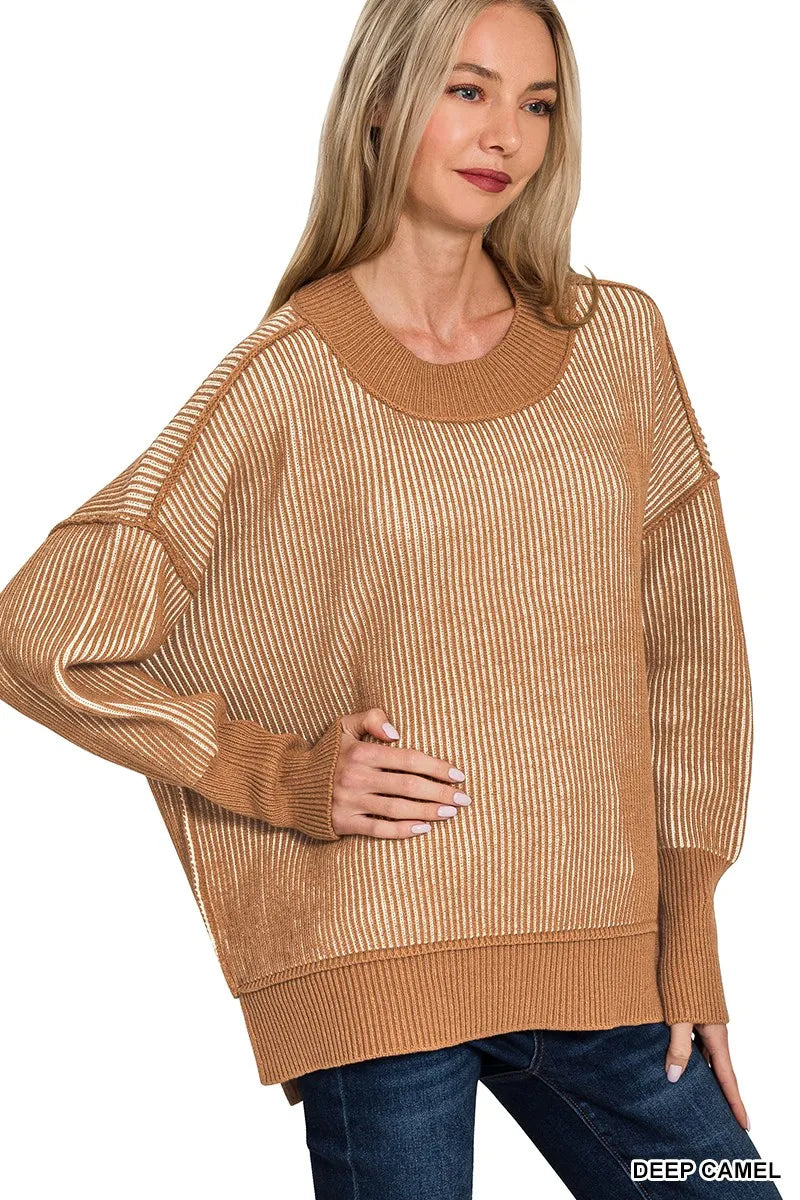 Zenana Exposed Seam Two Tone Ribbed Sweater DEEP CAMEL Trendsi