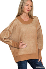 Zenana Exposed Seam Two Tone Ribbed Sweater DEEP CAMEL Trendsi