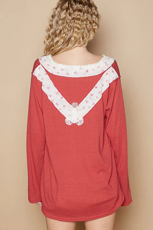 POL Lace Flower Patch Long Sleeve T-Shirt OutfitFlow