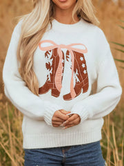 Embroidered Bow Boots Graphic Drop Shoulder Sweater OutfitFlow