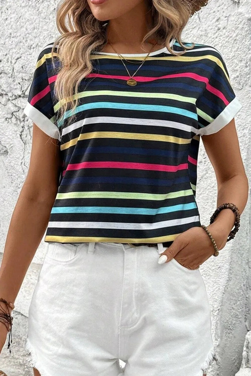 Colorful Striped Short Sleeve Casual T-Shirt OutfitFlow