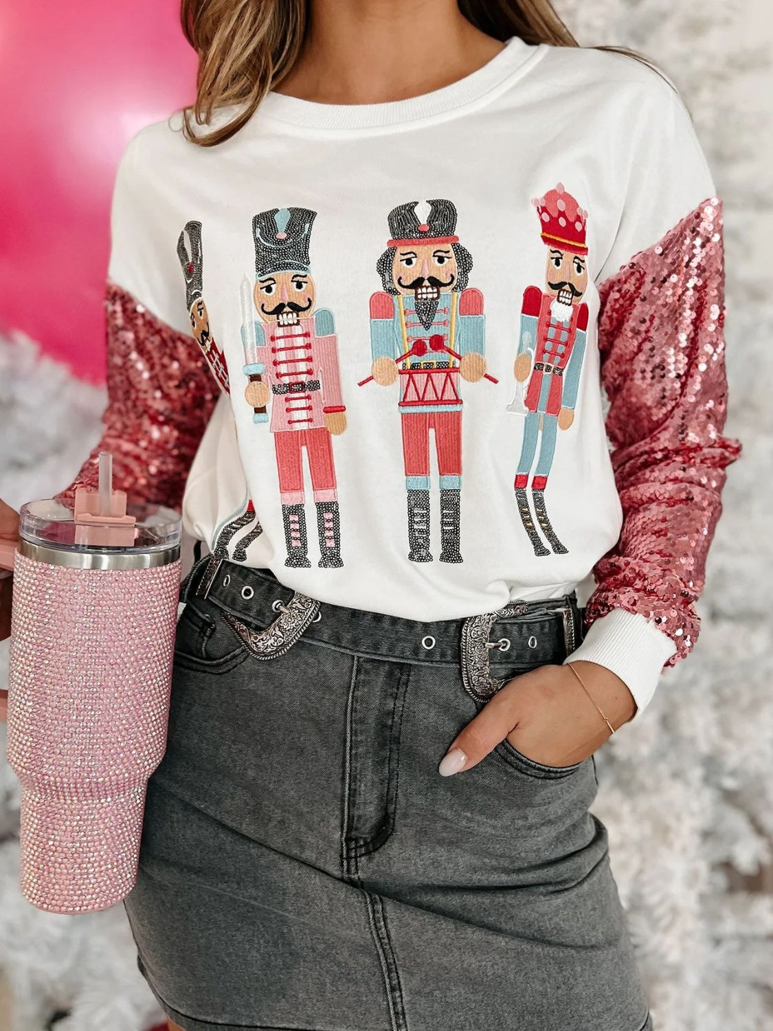 Outfit Flow - Sequin Nutcracker Round Neck Long Sleeve Sweatshirt