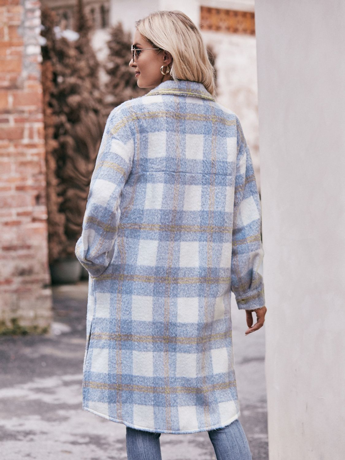 Mandy Plaid Dropped Shoulder Slit Coat Trendsi