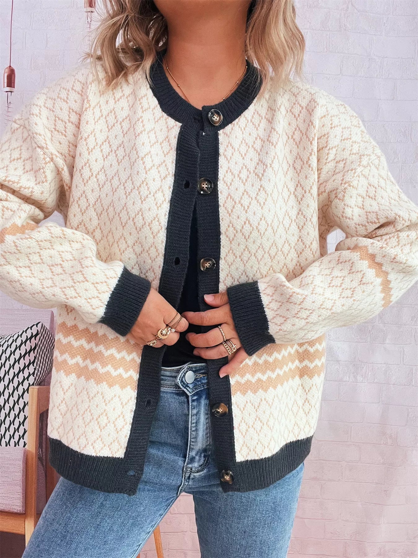 Geometric Pattern Button Up Cardigan OutfitFlow