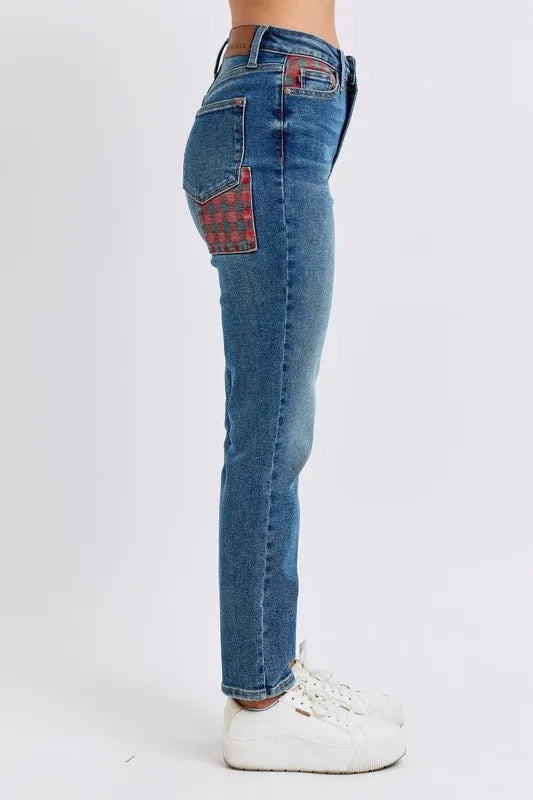 Judy Blue Full Size HW Plaid Patch Slim Fit Jeans Plus Size OutfitFlow