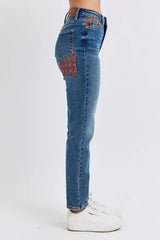 Judy Blue Full Size HW Plaid Patch Slim Fit Jeans Plus Size OutfitFlow