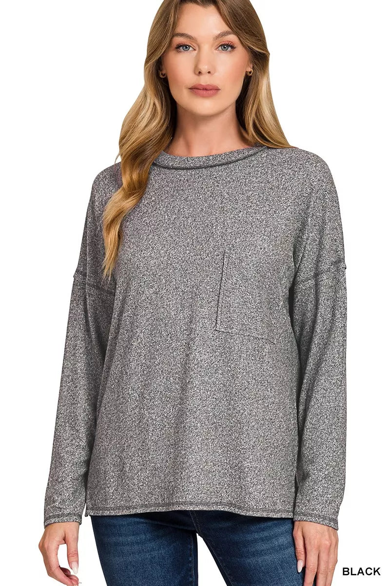 Zenana Soft Melange Hacci Round-Neck Long Sleeve T-Shirt BLACK OutfitFlow