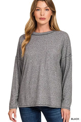Zenana Soft Melange Hacci Round-Neck Long Sleeve T-Shirt BLACK OutfitFlow