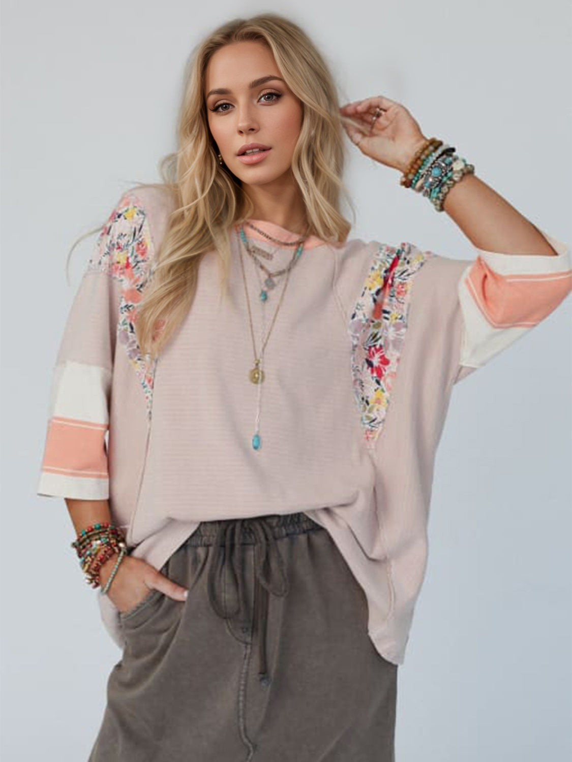 Outfit Flow - Color Block Printed Three-Quarter Sleeve Top