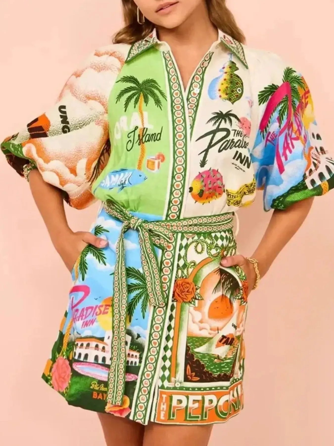 Tropical Print Button Up Shirt Dress Multicolor OutfitFlow