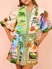 Tropical Print Button Up Shirt Dress Multicolor OutfitFlow