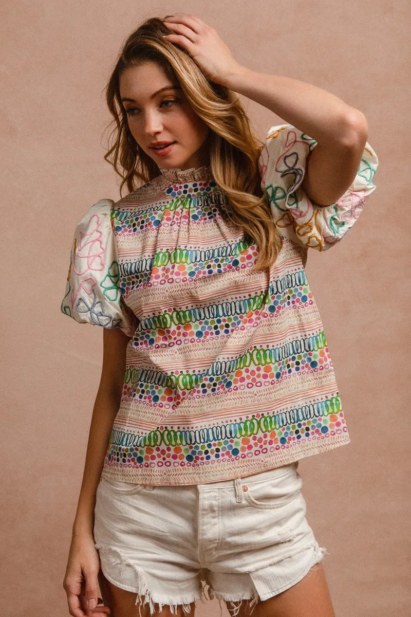 BiBi Ruffle Neckline Blouse With Embroidery Bubble Sleeve OutfitFlow