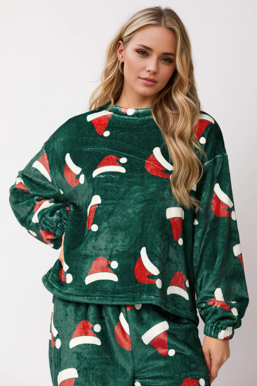 Outfit Flow - Christmas Hat Pattern Round Neck Long Sleeve Top and Pants Set