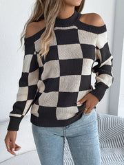 Cold Shoulder Checkered Long Sleeve Sweater OutfitFlow