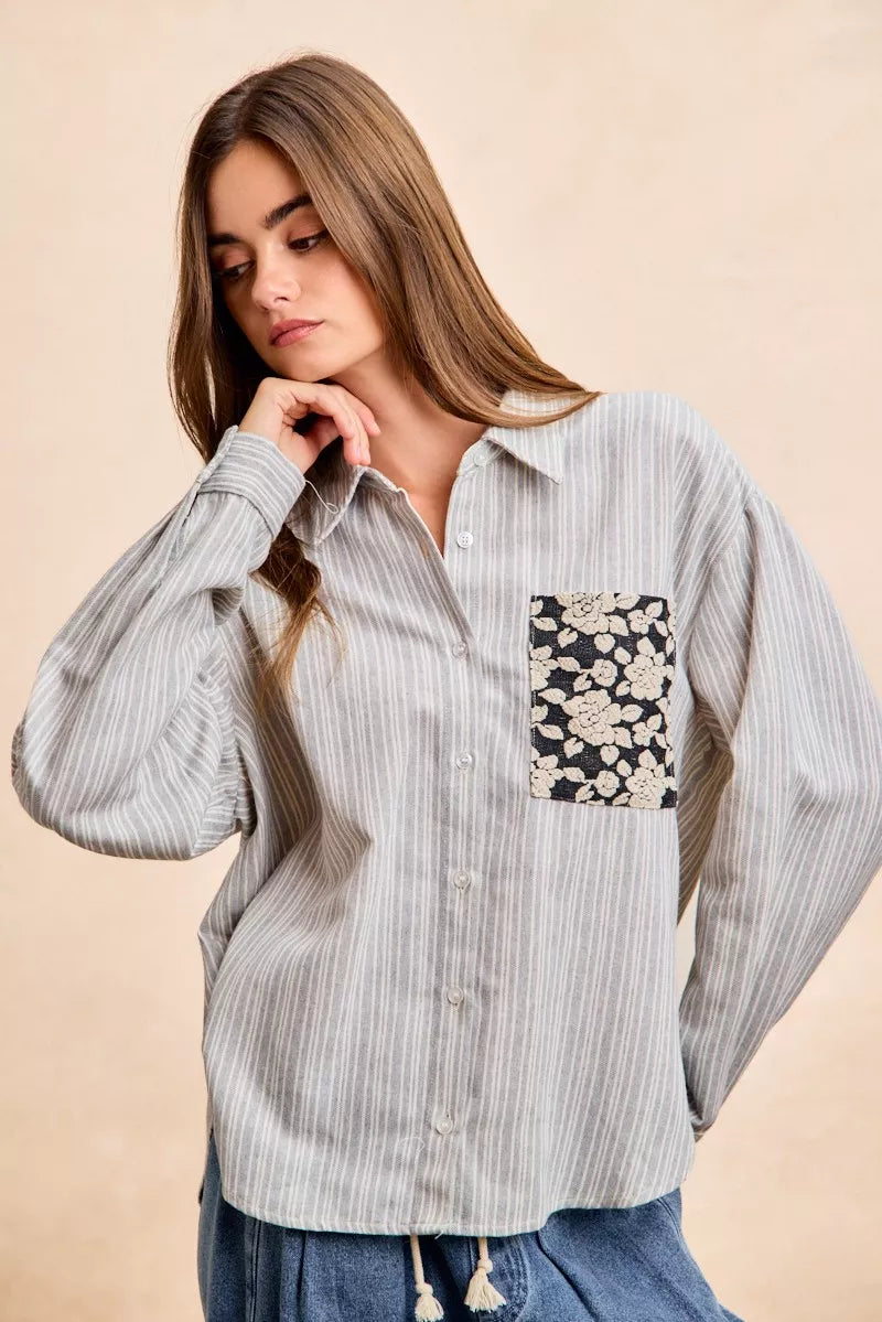 BiBi Flower Jacquard Knit Patch Pocket Stripe Shirt OutfitFlow