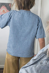 Casual Notched Puff Sleeve Denim Top OutfitFlow